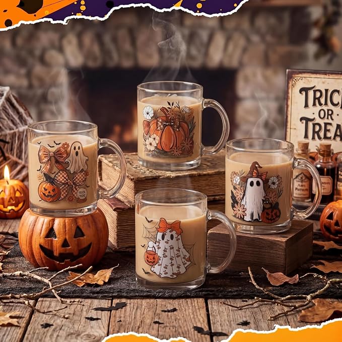 Tioncy 4 Pcs Halloween Ghost Coffee Mugs 12 oz Pumpkin Glass Cups with Handle Orange Bow Coffee Cup Horror Gifts Drinking Containers for Halloween Holiday Party - Image 6