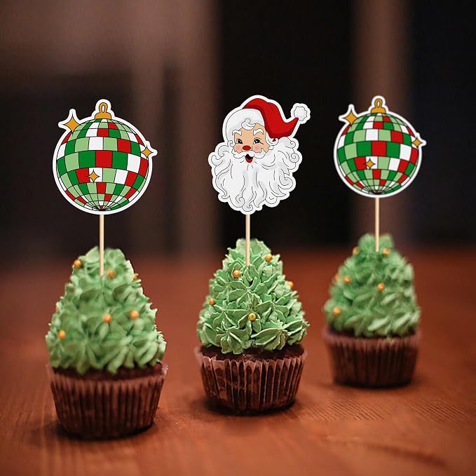 24PCS Christmas Cupcake Toppers- Santa Claus、Disco Ball、Picks Merry Christmas Theme Holiday Baby Shower Birthday Party Cake Decorations Supplies - Image 3