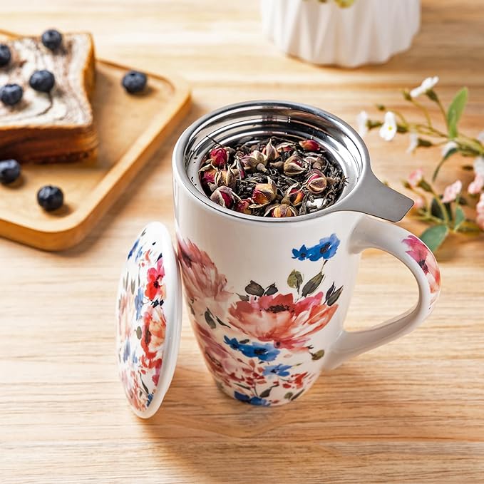 GBHOME Tea Mug with Infuser and Lid, 18 Ounce Large Ceramic Loose Leaf Cup, Microwave, Dishwasher Safe Steeping Mug, Pefect For Tea Lover