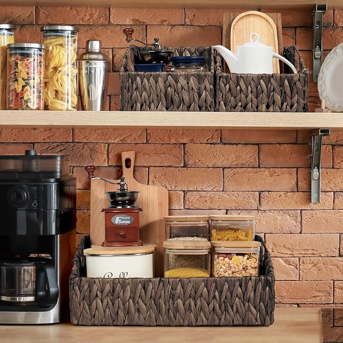 Pantry Baskets Organization, Wicker Basket for Shelf Black | Handwoven Pantry Organizers and Storage with Built-in Handles, Laundryroom Organization Storage Bins for Snack Cans - Image 4