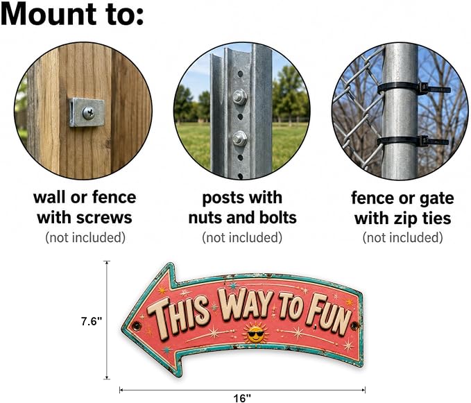 This Way to Fun Left-Pointing Arrow Sign | powder-coated metal, vintage, enamel, durable print, ready to hang - Image 3
