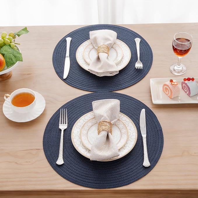 SHACOS Round Placemats Set of 6 Washable 15 inch Circle Polyester Woven Braided Place Mats for Dining Table Indoor Outdoor Table Mats Home Party Wedding Decor (Navy, 6) - Image 3