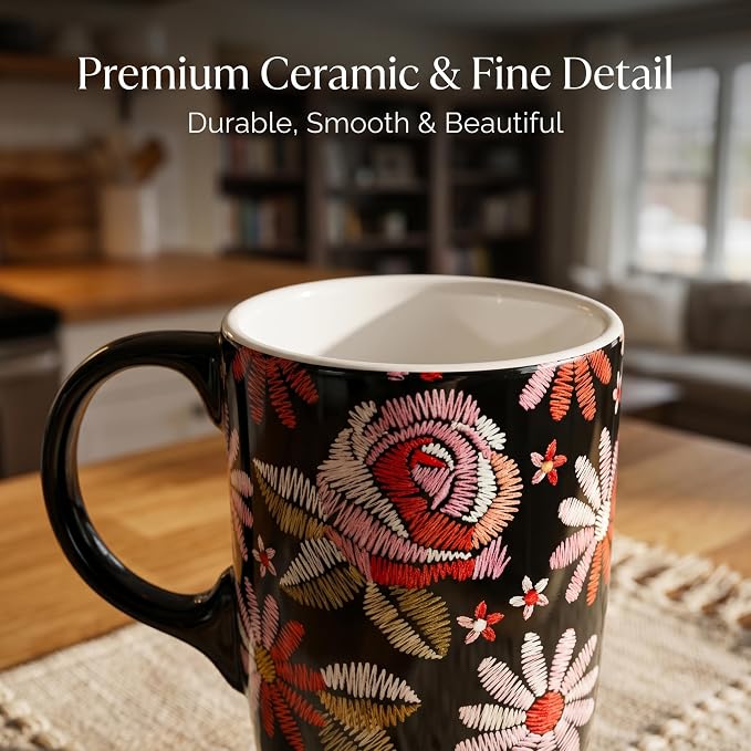 Topadorn Ceramic Travel Mug with Lid, 17oz Embroidered Floral Mug | 17oz Ceramic Travel Mug • Embroidered Floral Design • Coffee Mug with Lid • Microwave & Dishwasher Safe • Gift Box - Image 4