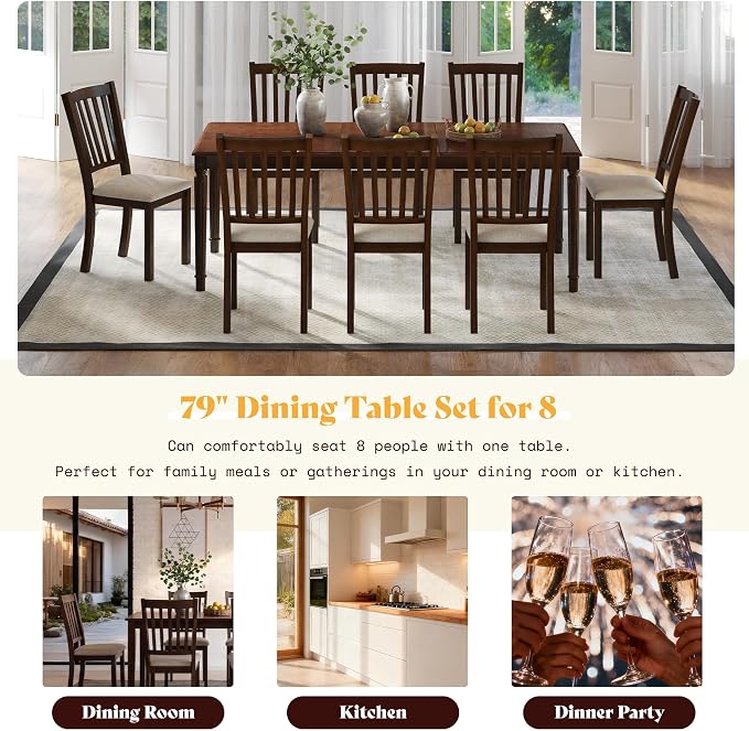 AMERLIFE 9 Piece Farmhouse Dining Set with 79" Rubberwood Table, Brown | 79" Rectangular Table, Solid Rubberwood Frame, Upholstered Chairs, Roman Conical Legs, Dark Brown Finish - Image 7
