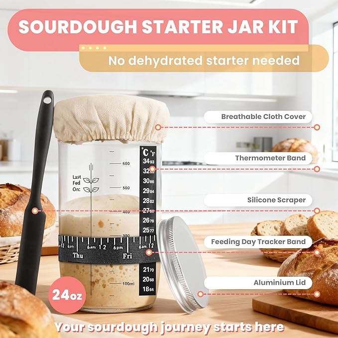 SWAKIK18 Plus Sourdough Starter Kit Set Sourdough Bread Baking Supplies Great Gift Beginners Bread Makers 24oz Fermentation Jar 9" and 10" Silicone Banneton Bread Proofing Basket, Dough Whisk