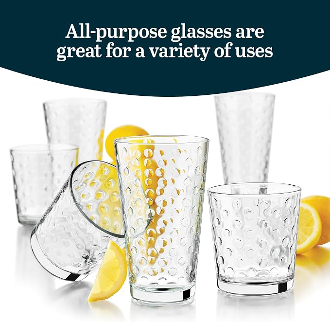 Libbey Awa Polka Dot Tumbler & Rocks Drinking Glasses Set of 16, Glass Cups | 16 oz and 13 oz Capacity Vintage-Inspired Polka Dot Texture for Water, Juice, Cocktails & More, Dishwasher Safe Cleanup - Image 4