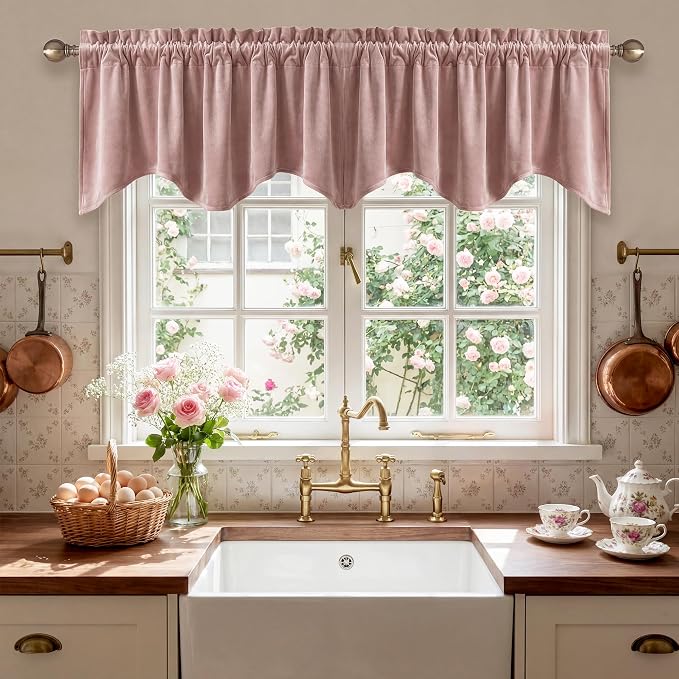 Dusty Rose Valance for Windows 52x18 Inch 1 Panel | Spring Decor, Elegant Wavy Mauve Kitchen Curtains, Soft Decorative Velvet Window Treatment for Girls Room, Bedroom, Bathroom by StangH