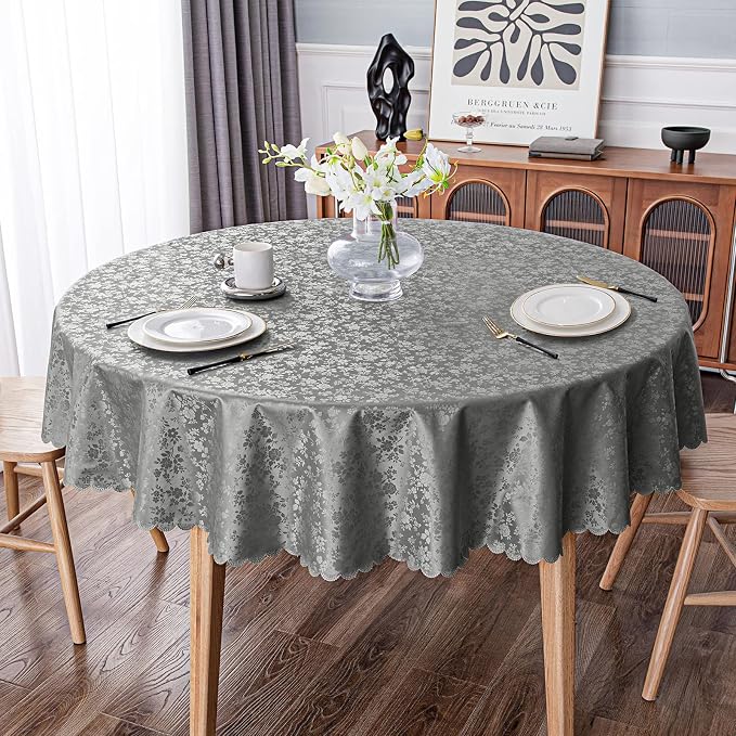 Smiry Round Waterproof Heavy Duty Vinyl Tablecloths, 60 x 60 Inch | Wipeable Washable Floral Embossed Table Cover for Kitchen and Dining Room, Indoor & Outdoor Use, Grey - Image 6