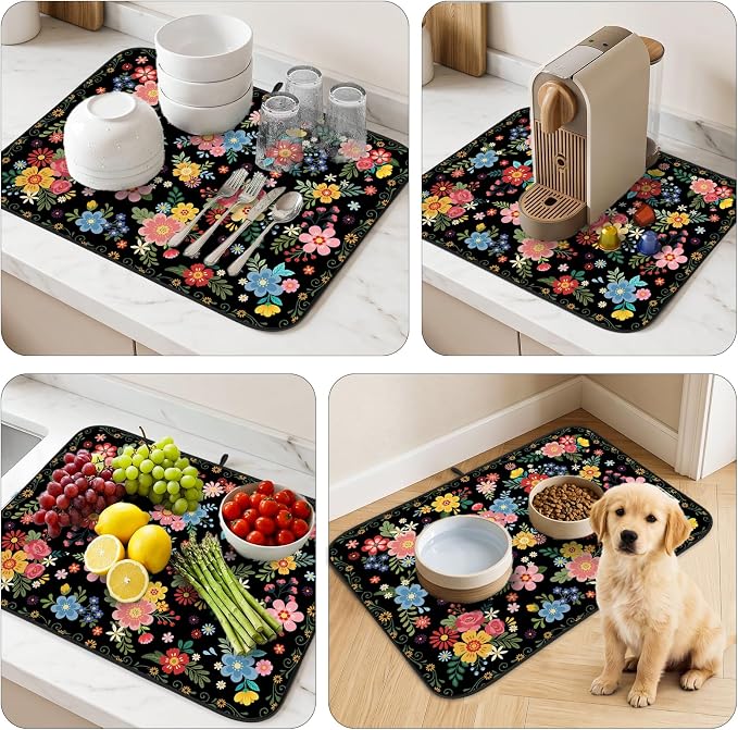 Tropical Floral Dish Drying Mat for Kitchen Counter Coffee Bar 18x24 in | Decorative Non Slip Absorbent Kitchen Dishes Drainer Mat, with Anti-slip Rubber Backing & Hanging Loop, for Sink, Home Decor - Image 8