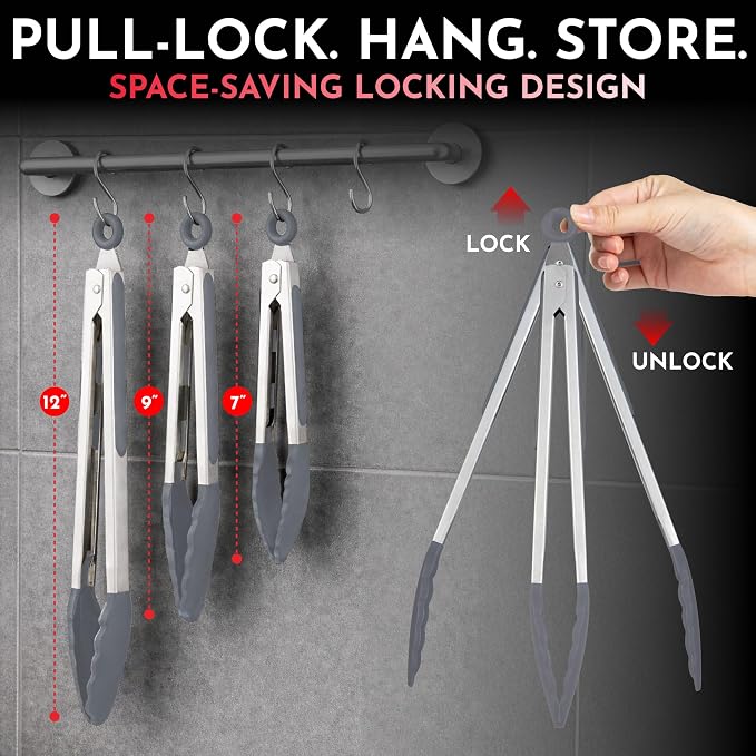 Kitchen Tongs - 12, 9 & 7 Inch Locking Silicone Tongs for Cooking, Set of 3 | Grey Tongs with Silicone Tips, Heat Resistant Tongs for Grilling, Serving, Mixing - Image 2