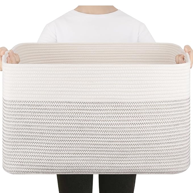 75L Large Blanket Basket, Cotton Rope Woven Storage Basket for Living Room, Toy Bin for Kids, Bedroom, Nursery, Baby Room Decorative Organizer, 22''×17''×12'', Black & White