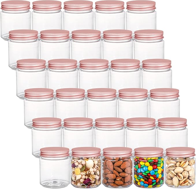 Fasmov 30 Pack 5 Ounce Clear Plastic Jars Containers with Rose Gold Lids, Round Empty Plastic Slime Storage Containers for Kitchen & Household Storage - BPA Free by Fasmov