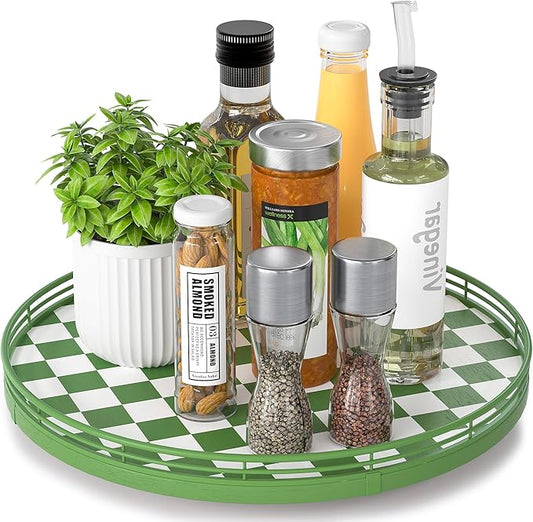 AMH 13-Inch Green and White Checkerboard Lazy Susan with Rubberwood Base | Smooth rotating oak tray with walnut finish for dining tables, kitchen counters, pantries and cabinet storage. by AMH
