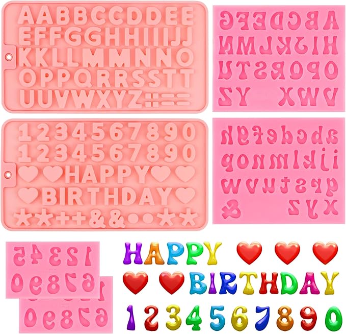 6PCS Chocolate Molds, Letters Numbers Silicone Chocolate Molds Reusable Alphabet Candy Molds with Happy Birthday Heart Shaped for Baking Desserts and Strawberries, Candy, Cake Decoration