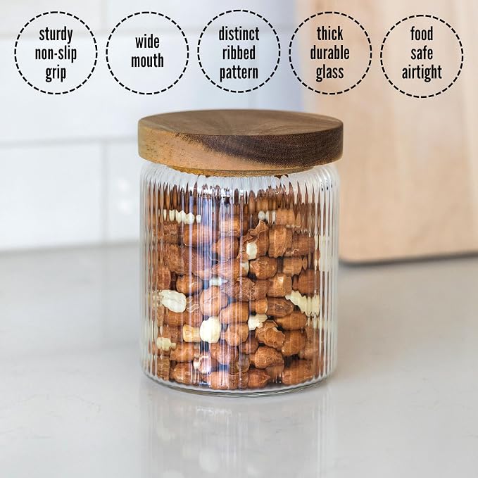 Mason & Fable Ribbed Glass Jar with Wooden Lid 17oz, Set of 3 | Airtight Fluted Storage Canisters for Food, Tea, Coffee, Candy/Spice | Organization Canisters for Home & Kitchen - Image 4