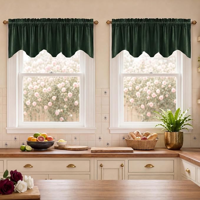 Velvet Window Valance 52x18 Inch 4-Panel Set | Soft Wavy Dark Green Kitchen Curtains for Windows, Luxury Fabric Aesthetic Window Treatment for Bay Window, Living Room by StangH
