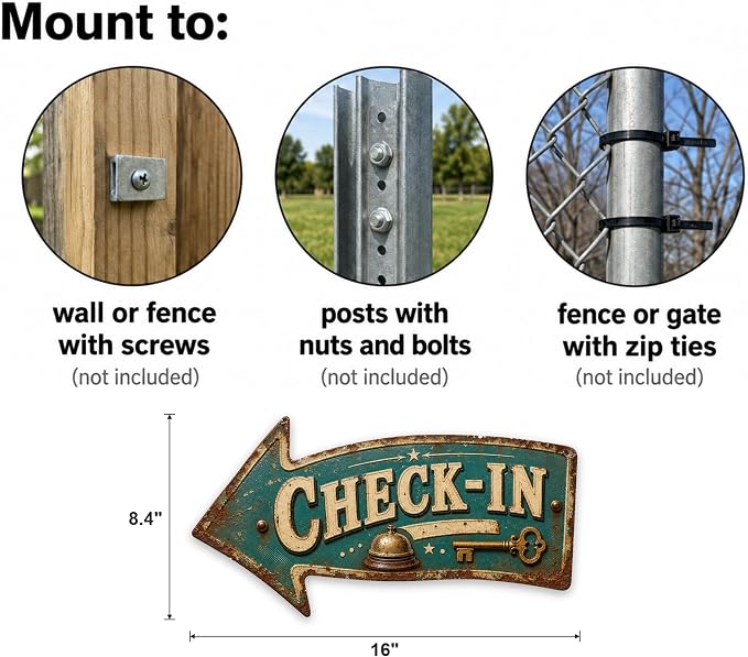 Check-In Left-Pointing Arrow Sign — Die-Cut Metal Directional Wall Decor | powder-coated metal, vintage, durable print, ready to hang - Image 3