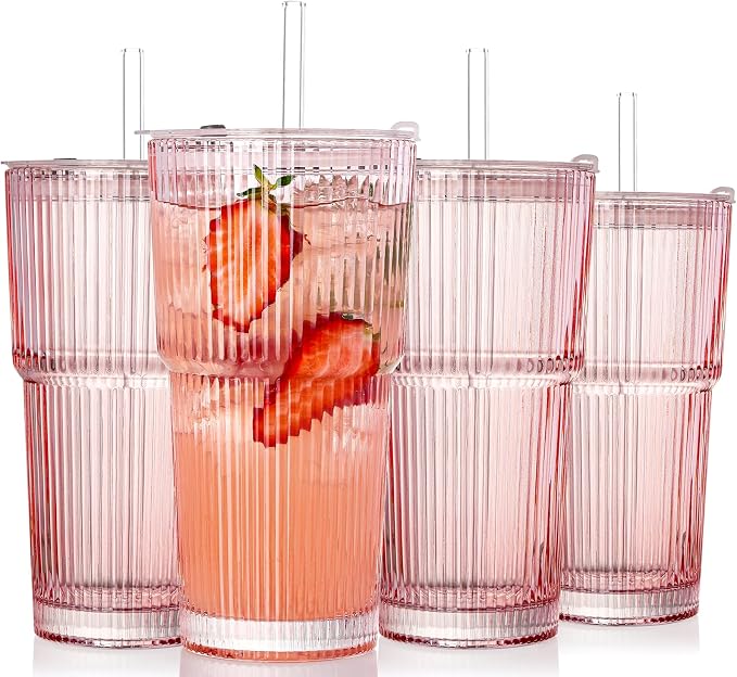 4PCS Pink Ribbed Glass Cups with Lids and Straws, 20oz Vintage Drinking Glasses, Aesthetic Iced Coffee Cups, Glass Tumbler for Boba, Beer, Tea, Cocktails, Ribbed Glassware Set,Pink by SIPBYSOP