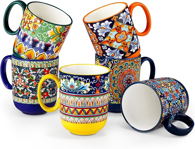 vancasso Simi Boho Coffee Mugs Set of 6, 14 oz Ceramic Mugs with Handle, Colorful Porcelain Cups Microwave Dishwasher Safe, for Latte Tea Cappuccino Cocoa Hot Chocolate by vancasso