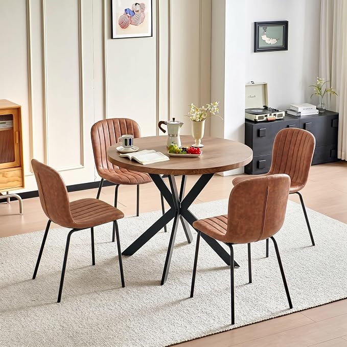 37 Inch Round Dining Table Set for 4, Modern Small Circle Kitchen Coffee Set for Apartment Living Room Office, Save Space(1 Imitation Wood Table + 4 Brown PU Leather Chairs) - Image 3