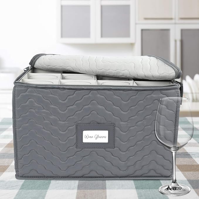 LotFancy Stemware Storage Container - Deluxe Quilted Storage Case with Dividers for 12 - Wine Glasses, Champagne Flutes, Glassware, Drinkware Storage Box Chest, 15.5"x12.5"x 10", Gray - Image 8