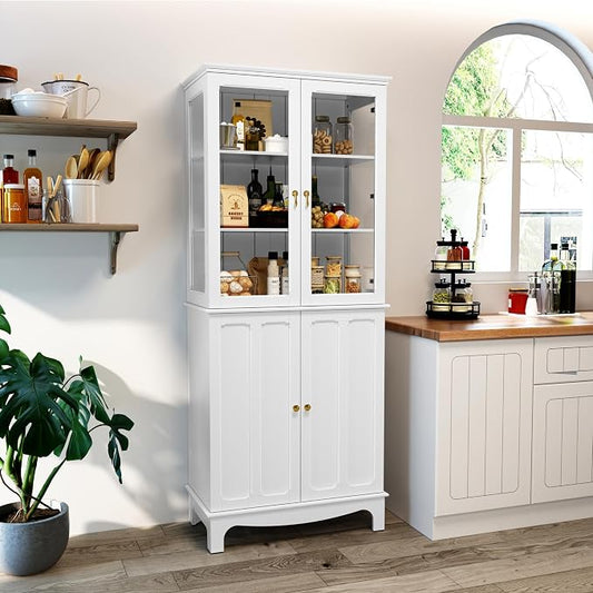 72" Tall Kitchen Pantry Cabinet with Glass Door and Adjustable Shelves, Vintage Food Storage Cabinet for Kitchen, Dining Room, Living Room, White by MROJISC