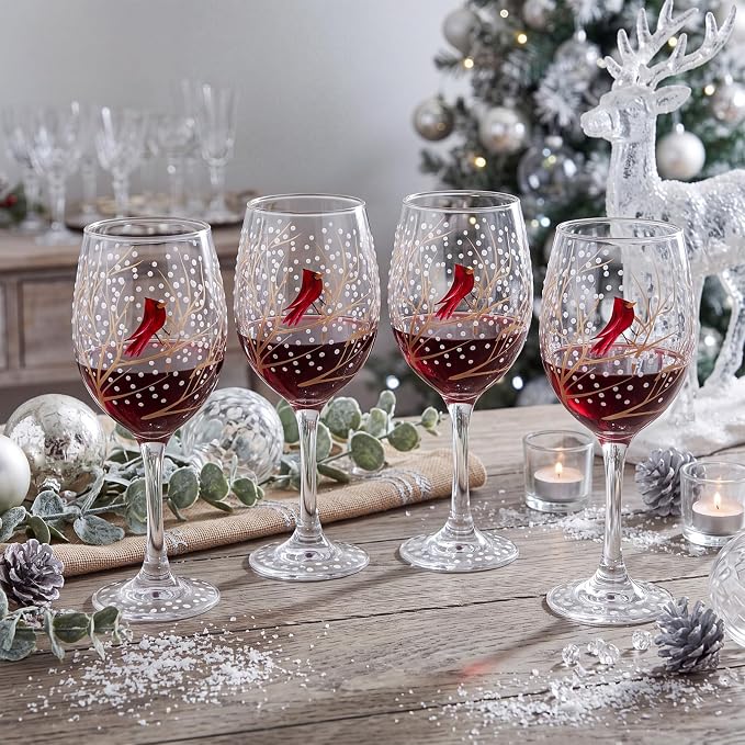 Yungyan Christmas Wine Glasses Set of 4 Hand Painted Cardinal Stemmed Goblets 15 oz Clear Glass Holiday Drinkware for Winter Dinner Party Festive Table Decor and Elegant Hostess Gifting Glassware - Image 6