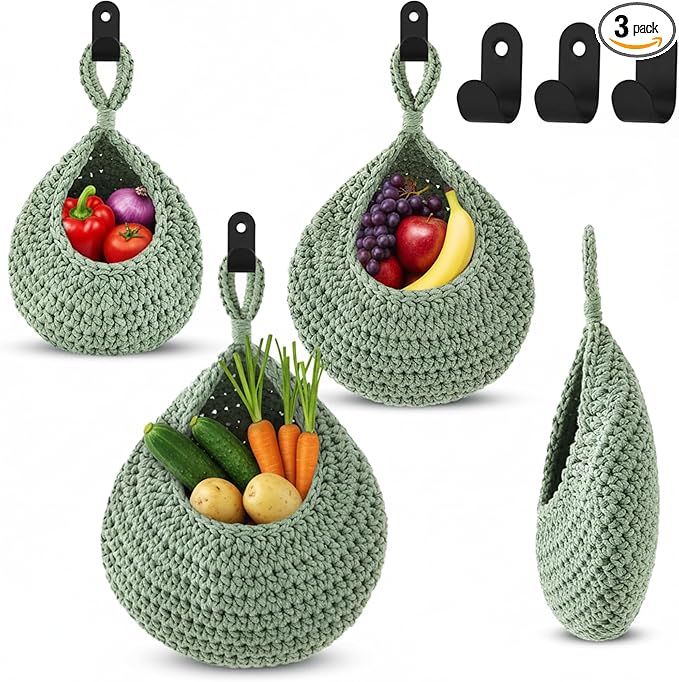 Honeydak Boho Decor Hanging Wall Baskets for Kitchen 3 Pack Teardrop Baskets with Hooks Storage Fruit Onion Vegetable Potato for Home by Honeydak