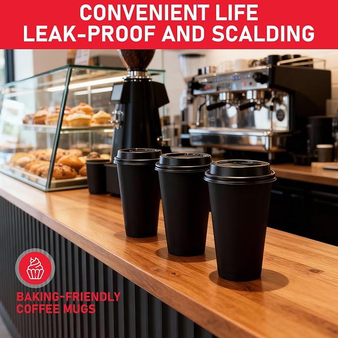 16 oz Paper Coffee Cups with Lids 100 Pack, Black Disposable Hot Coffee Cups with Lids, To Go Cups, for Parties, Picnic, Travel, and Events - Image 4