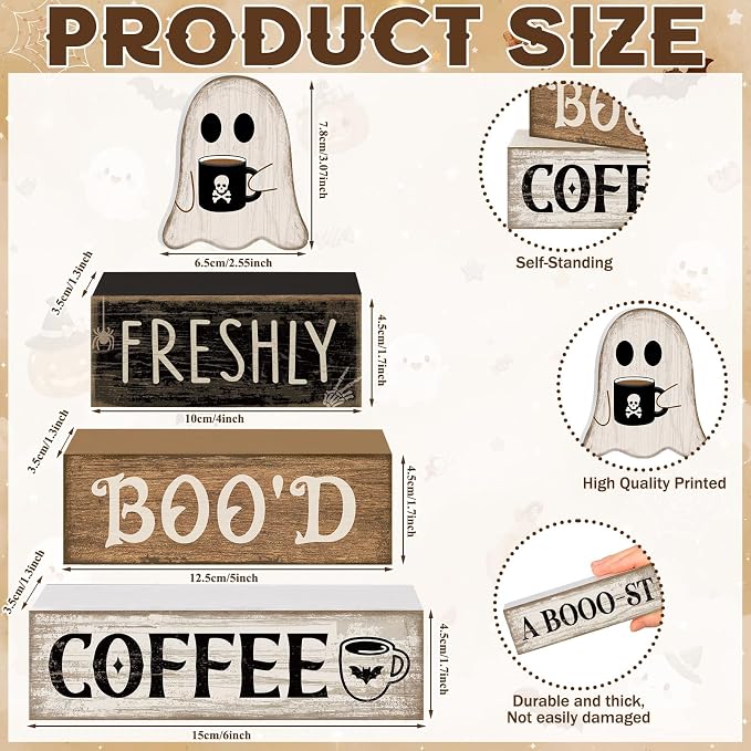 Moucuny 4 Pcs Halloween Coffee Table Decorations Cute Ghost Stacked Wooden Decor - Freshly Boo'd Coffee Halloween Tiered Tray Decor Rustic Ghost Table Centerpiece for Home Kitchen Shelf Bar - Image 3