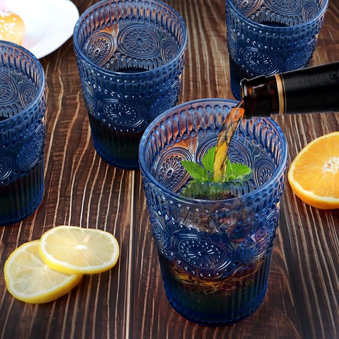 Loivttvv 6pcs Vintage Drinking Glasses Set, 12 oz Blue Highball Glasses, Embossed Ribbed Glassware Cups for Cocktail, Water, Juice, Coffee, Whiskey - Image 3