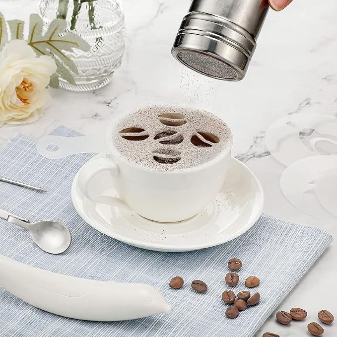 Coffee Decorating Stencils, Coffee Carving Pen Set, Portable Stainless Steel Latte Art Pen, Coffee Shaping Tool with Powder Shaker Spoons