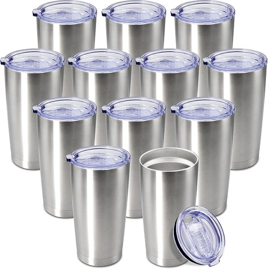 20oz Tumbler Insulated Coffee Tumblers with Lid Stainless Steel SS 12P | 20 oz Tumblers Double Wall Insulated Vacuum 20oz Coffee Mug Leak Proof Tumblers with Lid Powder Coated - SS 12 Pack by AEPDTD