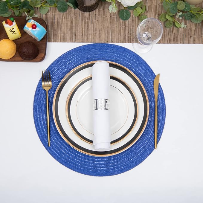 SHACOS Round Placemats Set of 6 Washable 15 inch Round Table Mats Cotton Polyester Woven Braided Place Mats for Dining Table (Blue, 6) - Image 6
