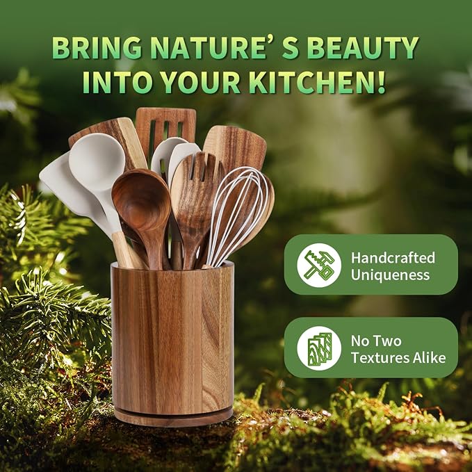 Acacia Wood Utensil Holder, 360° Rotating 7.3 in Kitchen Organizer | Rustic farmhouse countertop decor. Rotating base for easy access to spatulas, spoons, and cooking utensils. 7.3-inch capacity - Image 8