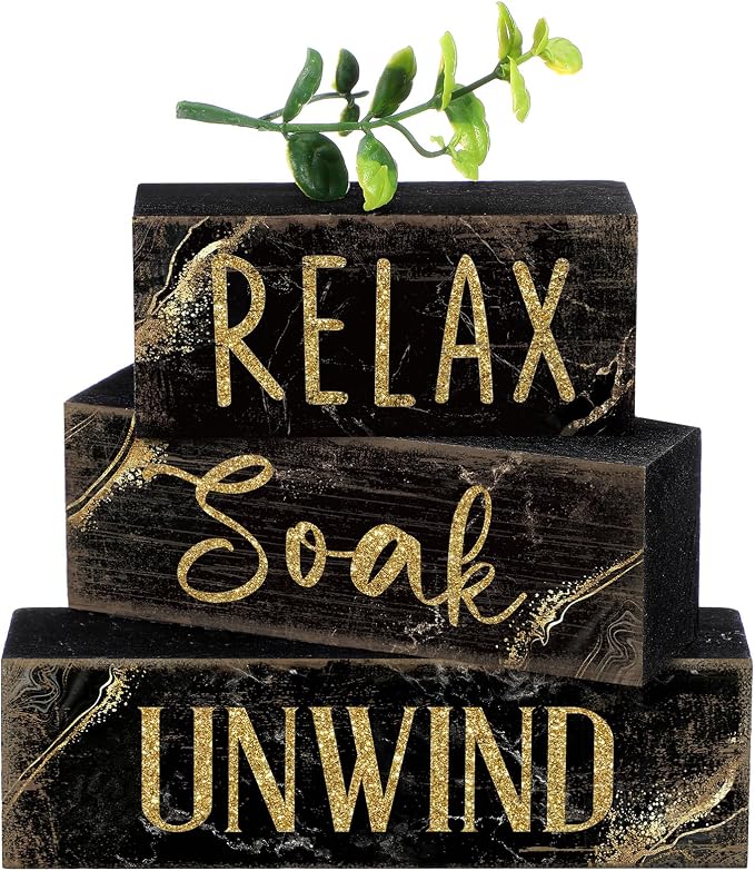 Moucuny 4 Pcs Black and Gold Bathroom Shelf Decor Sign Farmhouse Bathroom Decor and Accessories Rustic Eucalyptus Leaves Block Sign Gift Relax Soak Unwind Farmhouse Table Centerpiece for Home Toilet by Moucuny