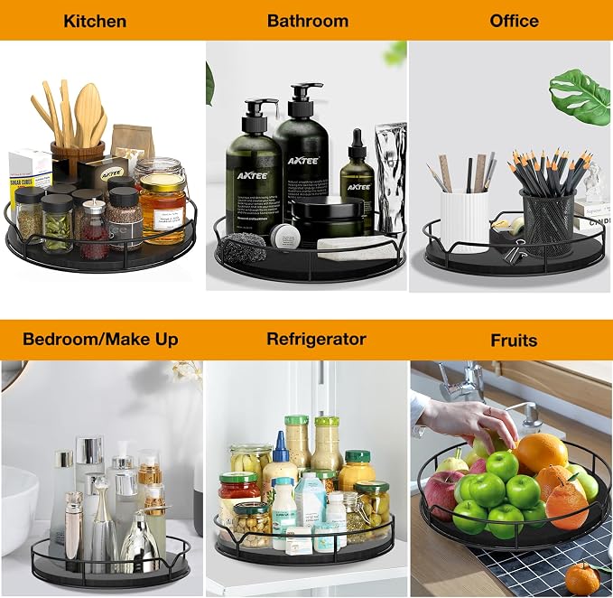 Lazy Susan Turntable Organizer with Anti-Slip Mat for Cabinet Pantry Kitchen Countertop Refrigerator Office, Pine Wood, 13", Black - Image 4