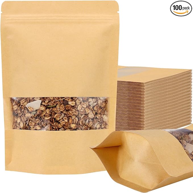 100 Pcs Kraft Paper Resealable Bags for Small Business (5.2 X 7.2 Inches) | Heat Sealable Zip Lock Stand Up Pouches with Clear Window for Food Storage, Samples, Party Favors by EgticLive