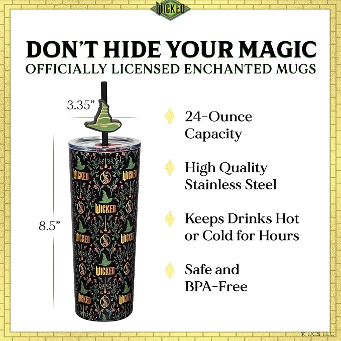 Dragon Glassware x Wicked Stainless Steel Tumbler, 24 oz - Enchanted | Vacuum Insulated Wicked Cup with Lid & Straw For Water & Iced Tea; With Straw Charm; Official Wicked Merch - Image 3