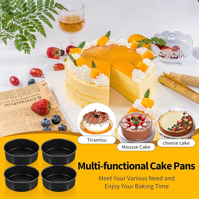 P&P CHEF 6 Inch Cake Pan Set, Non-stick Baking Pans for Cake, 4Pcs | Round Cake Baking Tins for Tier Smash Cakes, Bread, Non-Toxic & Solid, Stainless Steel Core & Leak-Proof, Black - Image 8