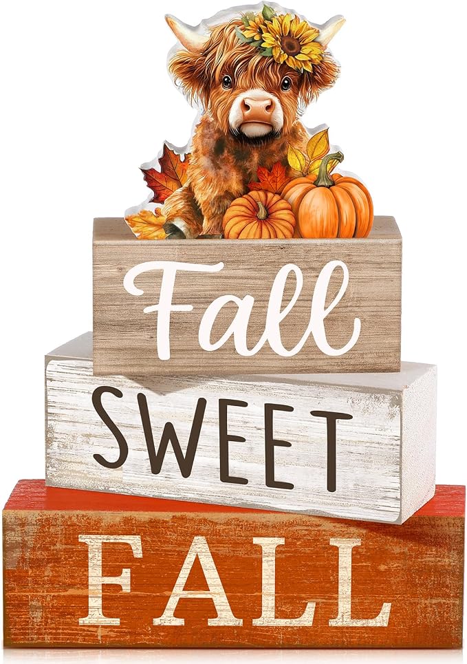 Moucuny 4 Pcs Fall Decoration for Highland Cow Home Fall Table Decor Wooden Stacked Block Decor with Sunflower Cow & Pumpkin Topper Rustic Thanksgiving Tiered Tray Decoration for Harvest Home Kitchen by Moucuny