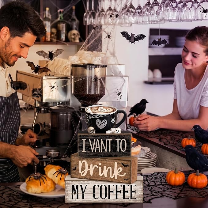 Moucuny 4 Pcs Halloween Table Decorations Spooky Coffee Wooden Stacked Block Decor, "I Vant to Drink My Coffee" Signs with Ghost Mug Topper, Halloween Tiered Tray Decor for Home Office Kitchen Bar - Image 6