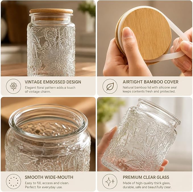 Glass Storage Jars with Airtight Bamboo Lid, 35 FL oz - Decorative Food Canisters for Kitchen Counter, Ideal for Sugar, Coffee, Tea, Candy, Cookies (35oz Large Sunflower) - Image 5