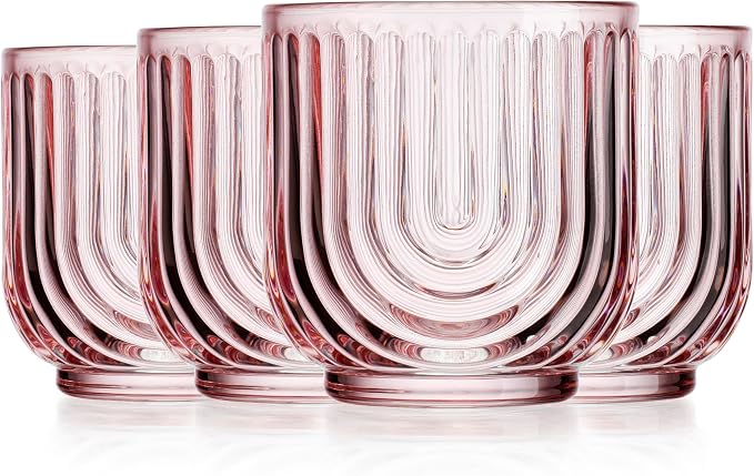 Glaver's Vintage Glassware Art Deco Glasse Ribbed Drinking Glasses U-Shape Arch Design Colored Cocktail Kitchen Tumblers Everyday Dinner Decorative Party HandWash Only (Pink S/4 11oz) - Image 8