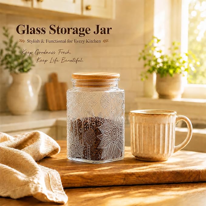 Glass Storage Jars With Airtight Lid, 35oz Canister For Kitchen Counter with Bamboo Lid, brown sugar, candy, coffee, cookie, salt, tea,pantry cute Jar (Large Square Sunflower) - Image 6