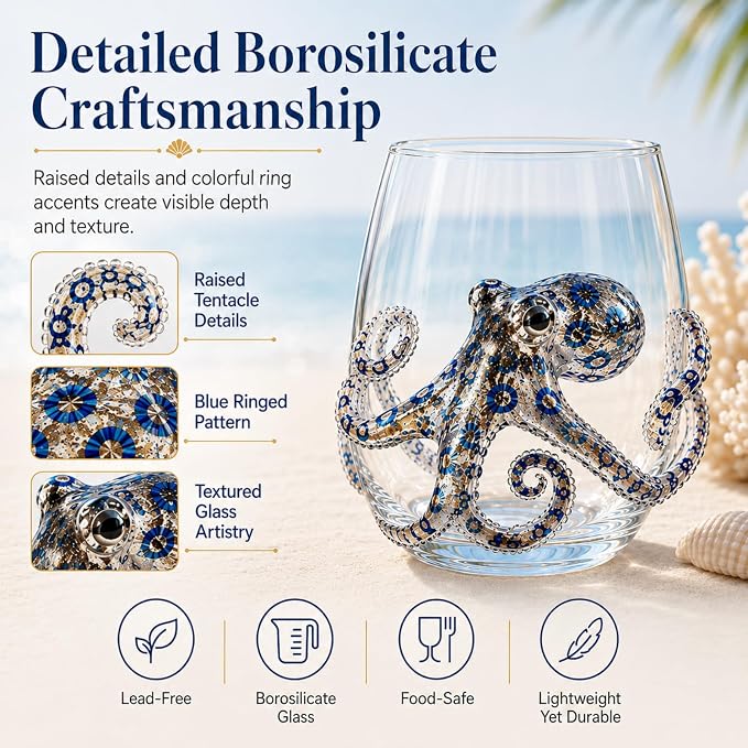 Artisanal Blue Ringed Octopus Glassware, 12oz Artisan Stemless Wine Glass (D1PC) - Image 3