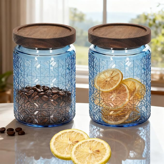 1Pc 24oz Window Style Vintage Glass Candy Jar with Solid Wood Lid, Kitchen Storage Canister for Sugar, Coffee, Tea, Cookies, Bath Salt - Decorative Mason Jar (1, Blue, 24oz) - Image 4