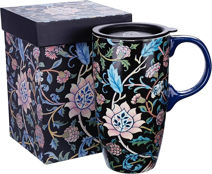 Topadorn Ceramic Travel Mug with Lid, Vintage Art, 17oz | Vintage Botanical Artwork • 17oz Capacity • Microwave & Dishwasher Safe • Gift Box Included by Topadorn