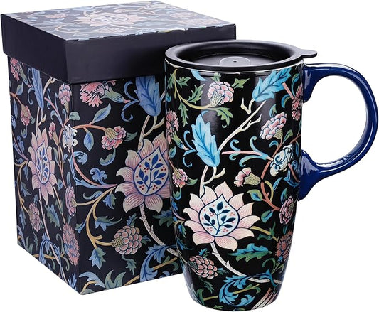 Topadorn Ceramic Travel Mug with Lid, Vintage Art, 17oz | Vintage Botanical Artwork • 17oz Capacity • Microwave & Dishwasher Safe • Gift Box Included by Topadorn