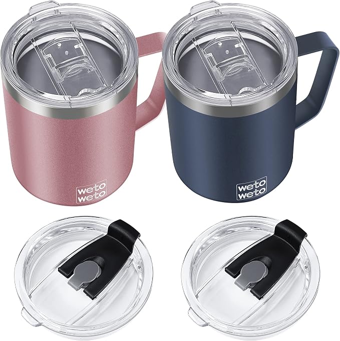 WETOWETO 14 oz Coffee Mug, Vacuum Insulated Camping Mug with Lid, Double Wall Stainless Steel Travel Tumbler Cup, Coffee Mugs Outdoor, Navy Blue & Rose Gold 2 Packs by Wetoweto